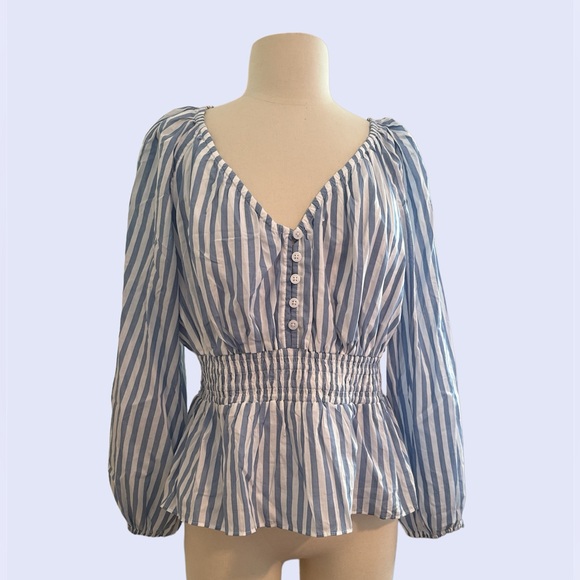 NWT - J. Crew V-neck smocked-waist top in stripe cotton lawn, size M. - Picture 1 of 7